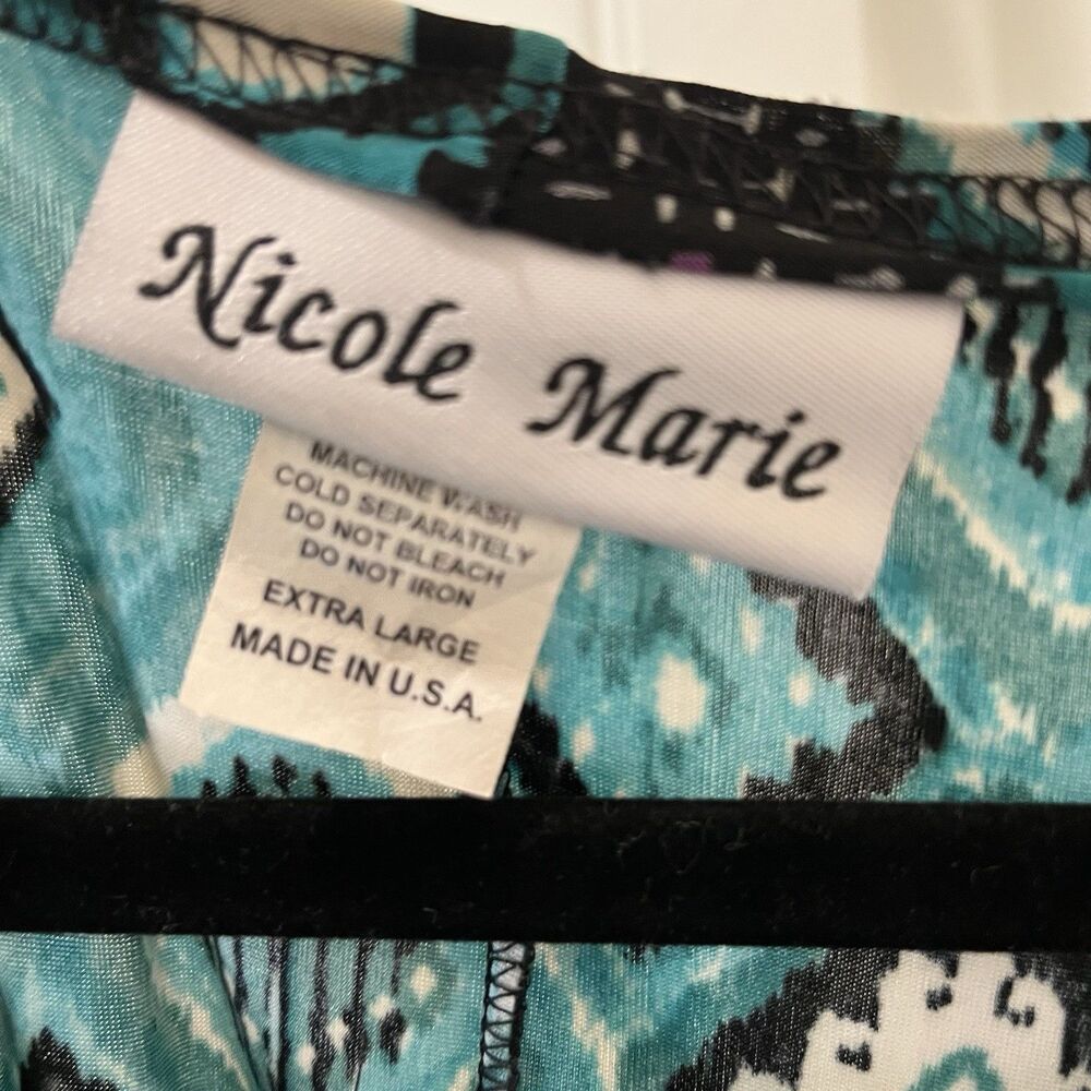 Nicole Marie Blue Teal Black Chevron Geometric Shark Bite Hem Top Womens Size XL - Picture 7 of 13